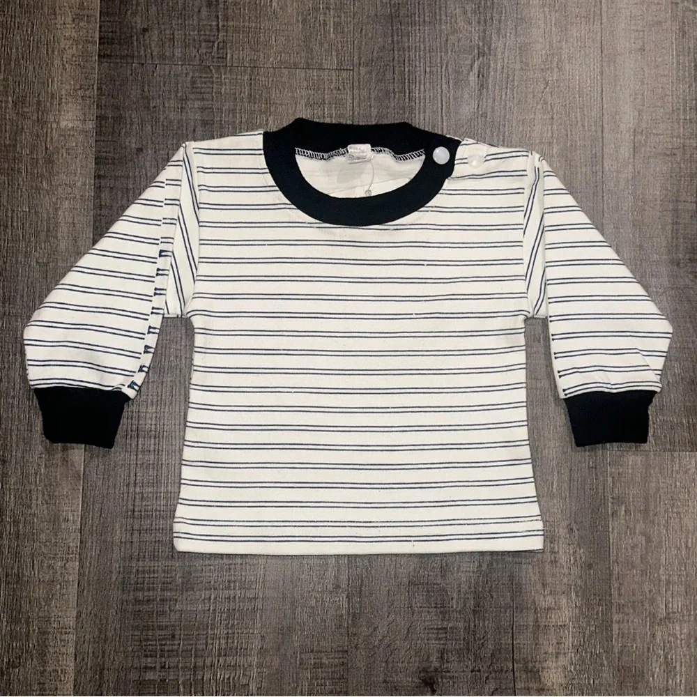 💞 New Baby Boys 3-6 Months White & Navy Blue Striped Long Sleeve Shirt